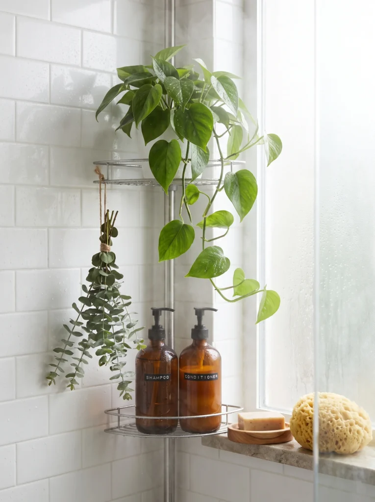 Chrome corner shower caddy holding a trailing pothos and amber shampoo and conditioner bottles, with a bundle of eucalyptus tied to the pole and a sea sponge on the ledge