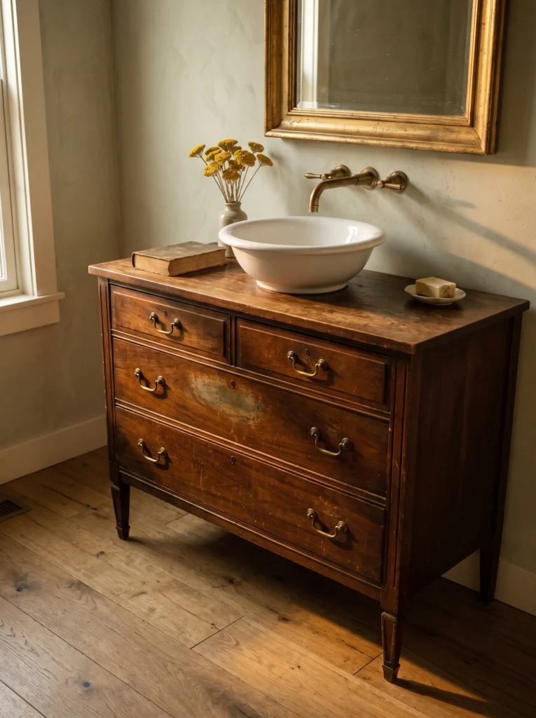 Vintage wooden dresser converted into a bathroom vanity with a white ceramic bowl sink, brass wall faucet, gilt-framed mirror and wide plank oak floor