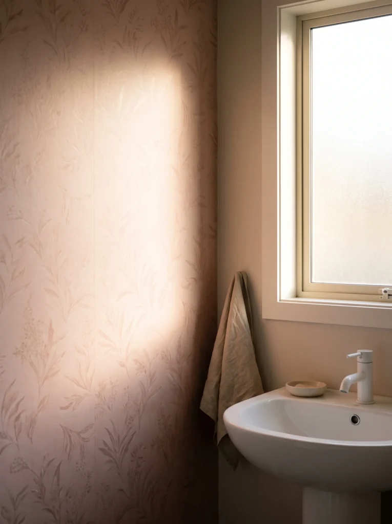 Pale pink botanical wallpaper with leaf and grass motifs, a white pedestal sink, and a linen towel by a frosted window