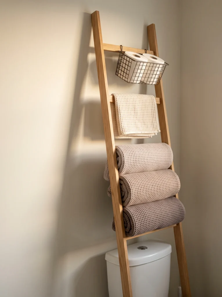 Natural oak blanket ladder leaning over a white toilet, holding rolled waffle towels in cream and taupe with a wire basket of toilet paper clipped to the top rung