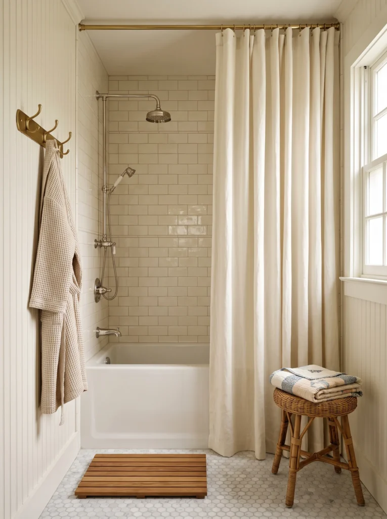 cream beadboard bathroom with brass shower curtain rod, floor length linen curtain, tub shower, and teak bath mat