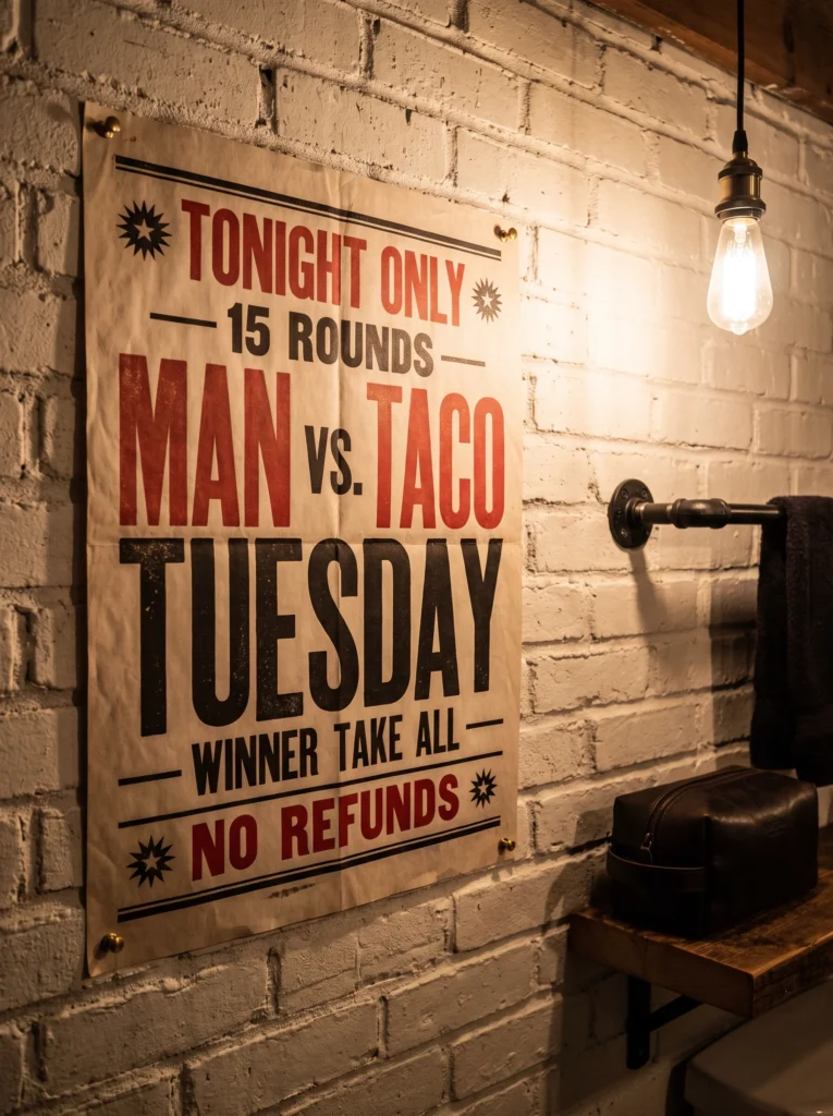 Vintage boxing style letterpress poster on whitewashed brick reading tonight only man vs taco Tuesday, winner take all, no refunds