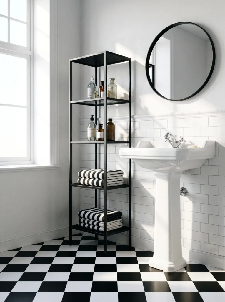 Black and white checkerboard bathroom floor with a black metal shelving tower and pedestal sink
