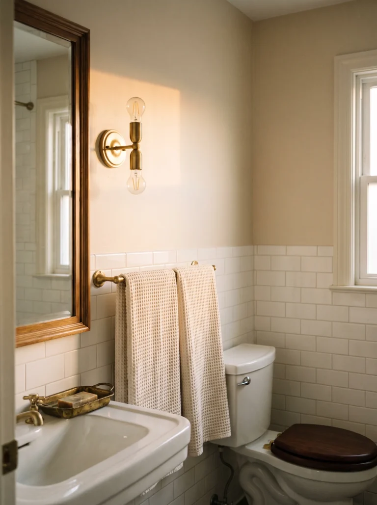 finished vintage-style bathroom with warm lighting, framed mirror, wood seat, and waffle towels
