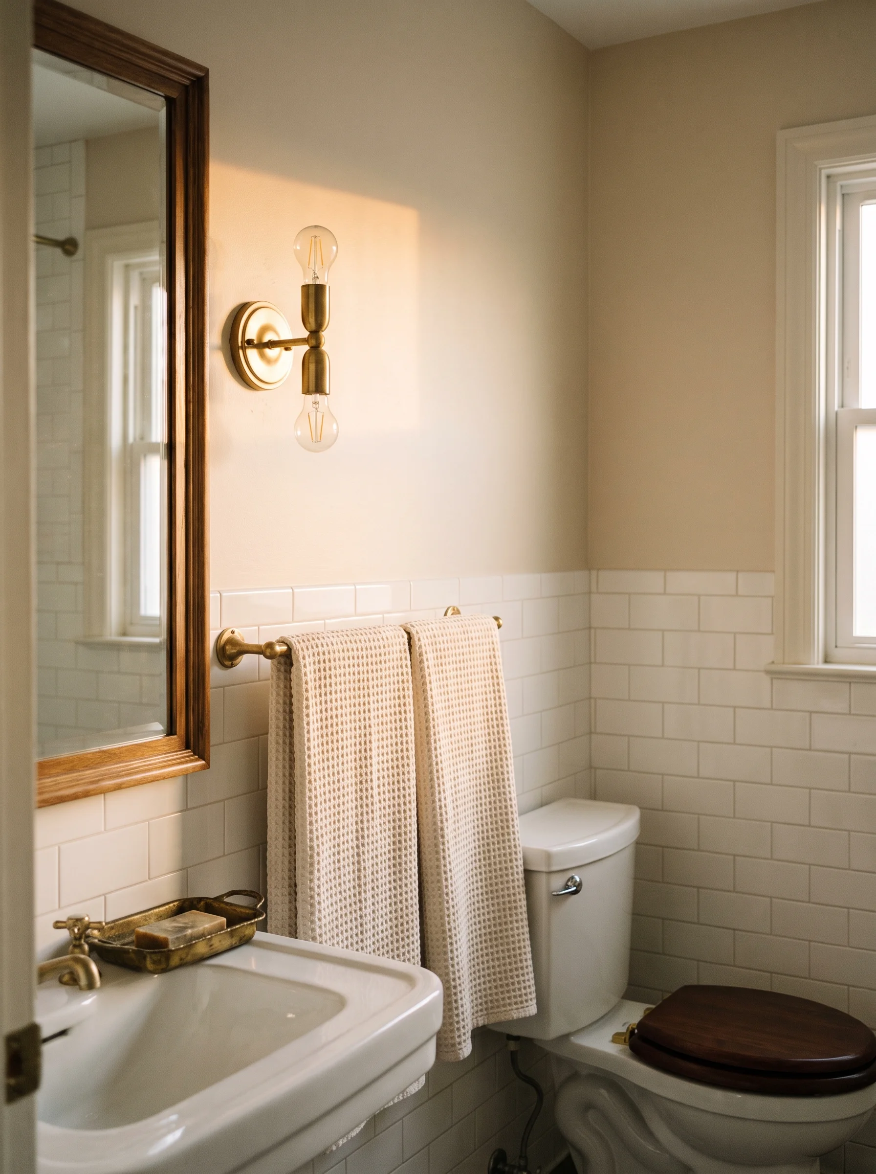 finished vintage-style bathroom with warm lighting, framed mirror, wood seat, and waffle towels
