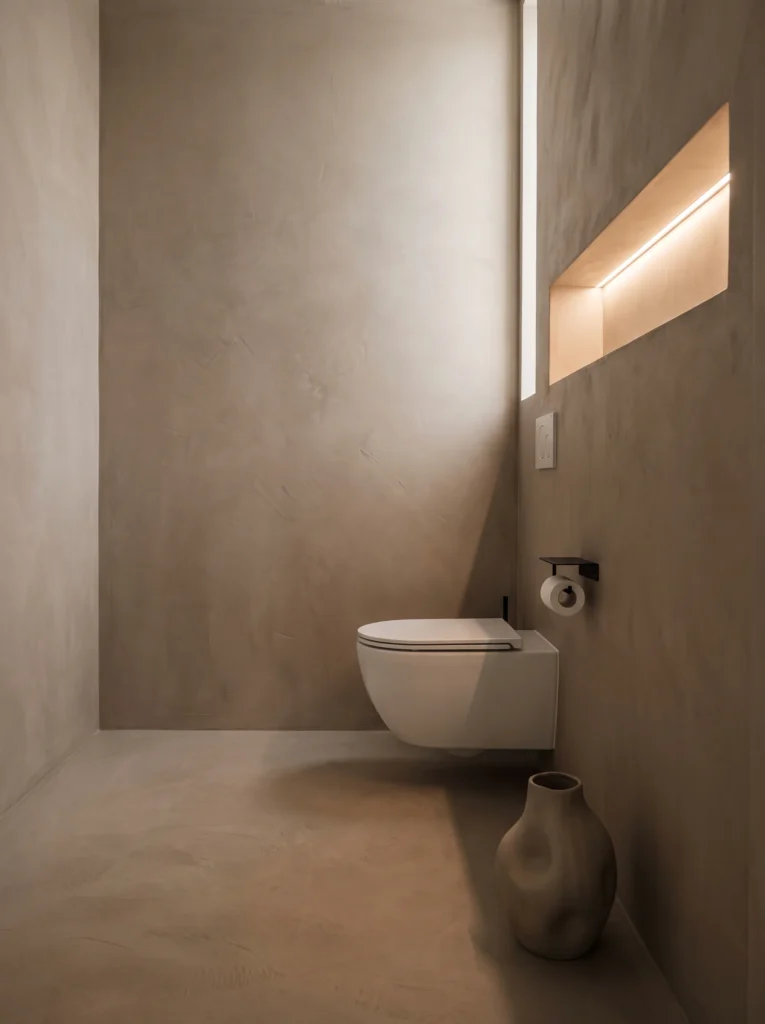 Minimalist taupe microcement toilet room with backlit horizontal wall niche and ceramic floor vase