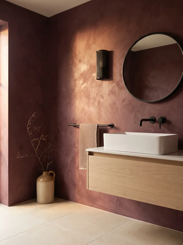 burgundy limewash textured walls with round black mirror, oak floating vanity, white rectangular vessel sink, and black fixtures