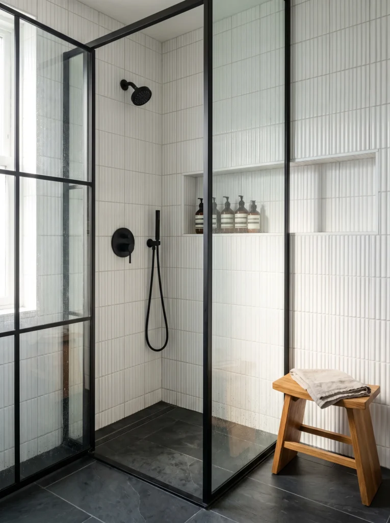 white vertical fluted tile shower with black steel grid glass screen, black fixtures and slate floor