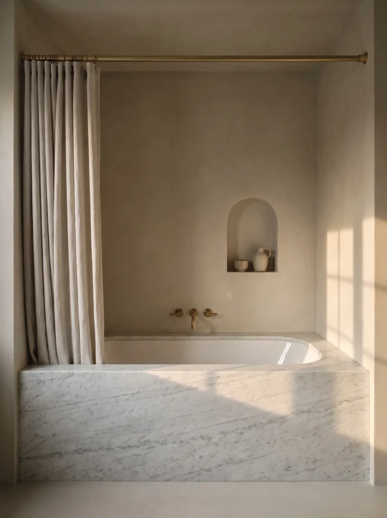 Alcove bathtub wrapped in Carrara marble with plaster walls, brass shower curtain rod, linen curtain and arched niche