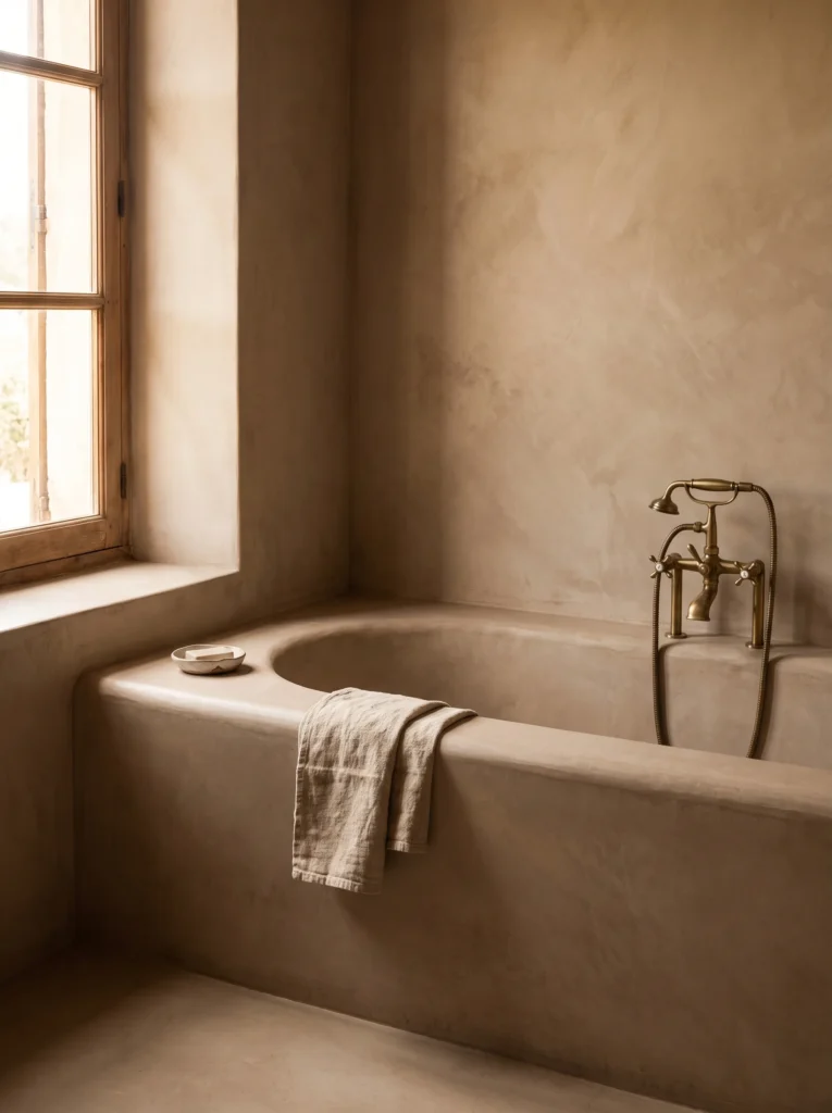 clay toned microcement built in bathtub with curved edge, brass telephone tub filler and wood window frame