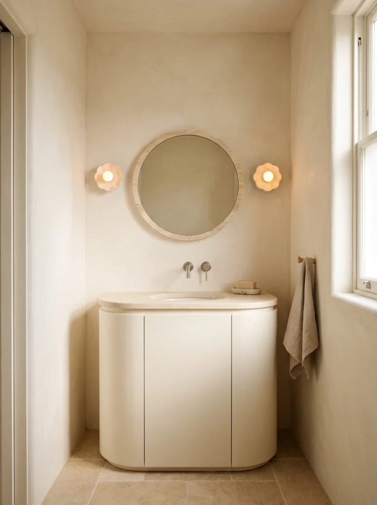 cream powder room with rounded vanity, travertine framed round mirror and two flower shaped ceramic wall sconces