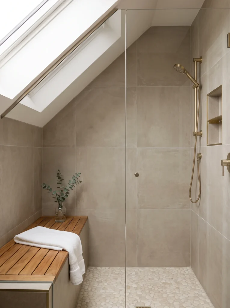 Attic shower with a full-width teak slatted bench under the lowest ceiling slope, large-format greige tile, skylight above and brass handheld shower