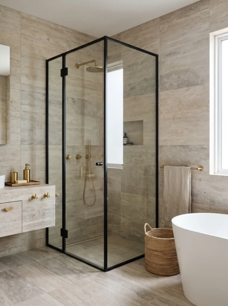  neutral stone bathroom with black framed shower and swappable brass accessories