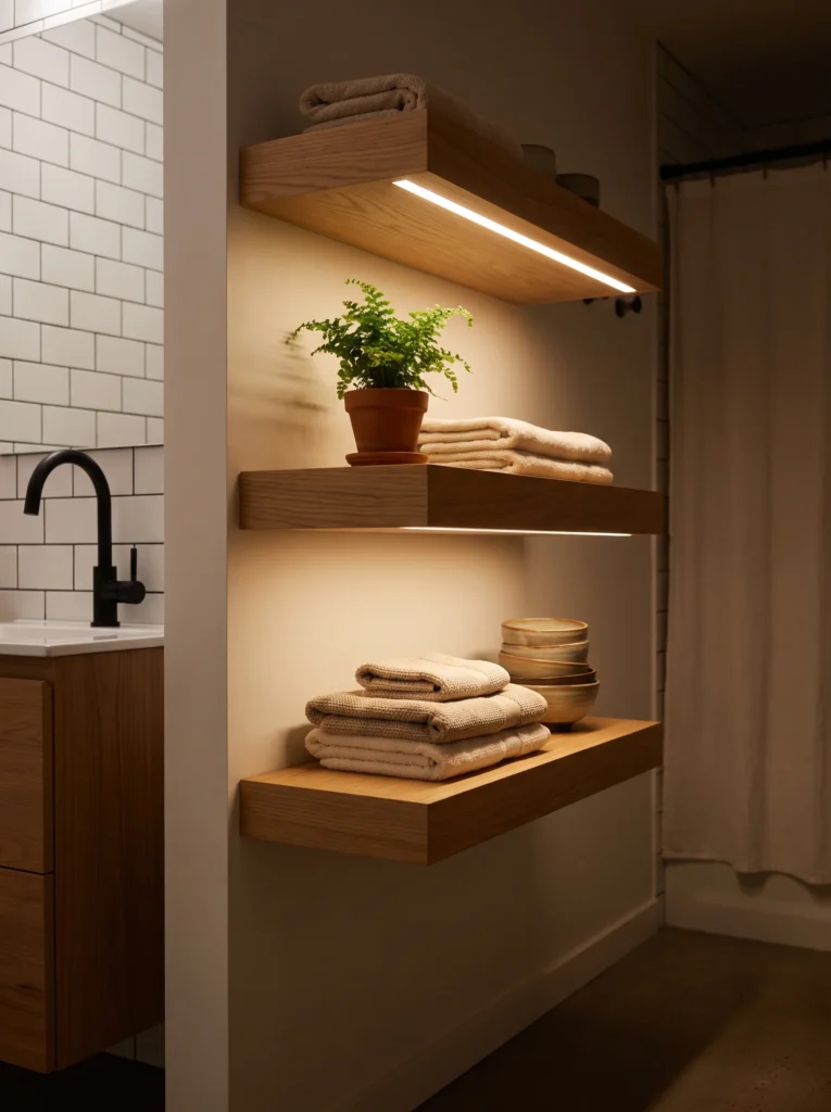 three floating oak shelves with recessed LED strip lighting under each one, holding folded towels, ceramic bowls and a potted fern