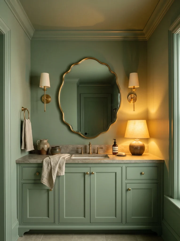wavy gold framed mirror on a sage green wall between two brass sconces above a green vanity with stone counter