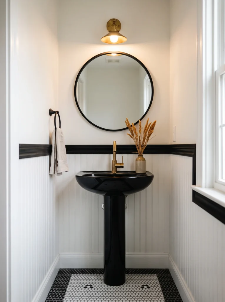 white beadboard powder room with black chair rail, glossy black pedestal sink and round black mirror