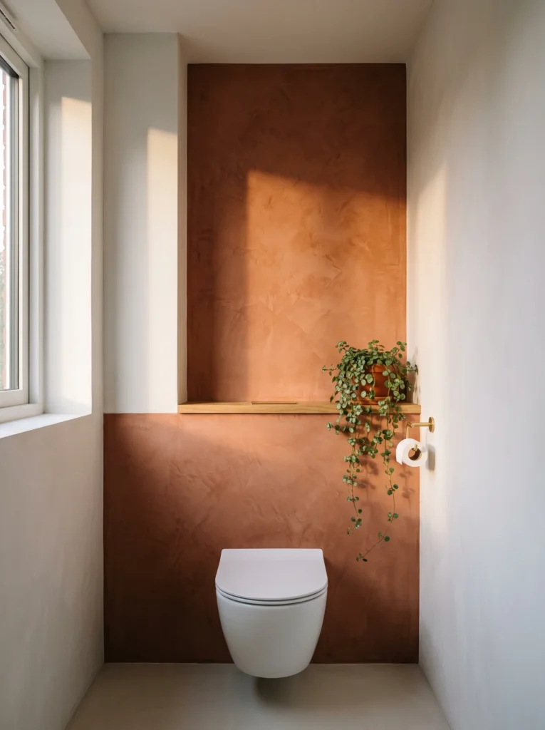 terracotta microcement feature panel behind wall hung toilet with oak shelf and trailing pilea plant