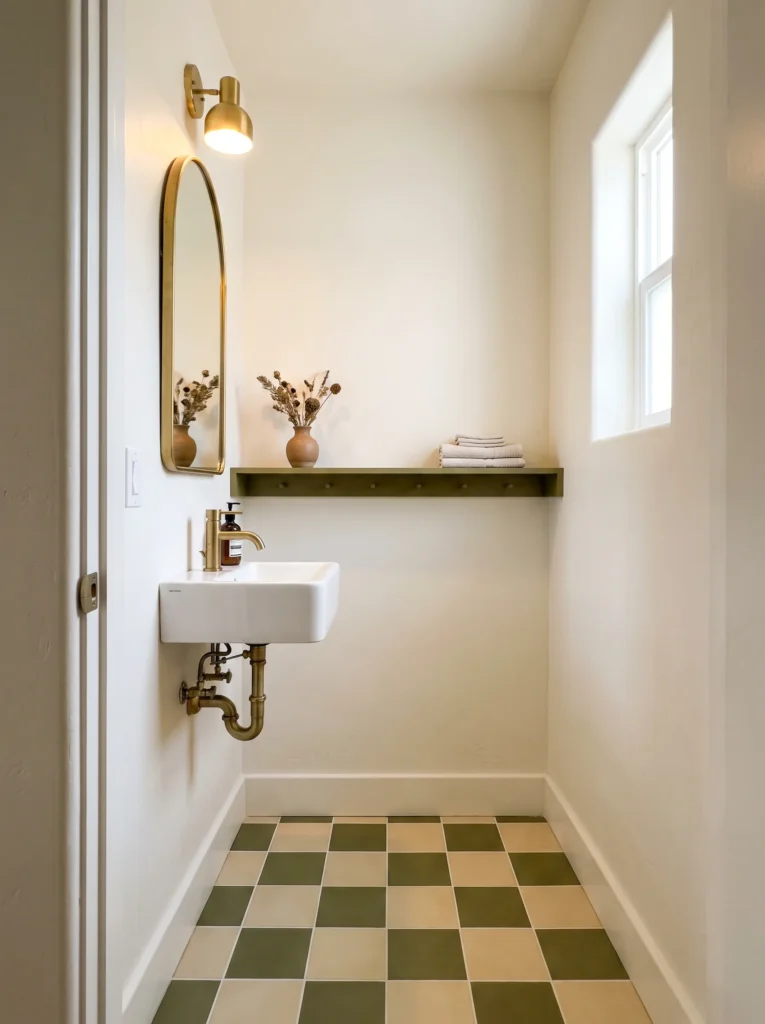 narrow half bathroom with olive and cream checkerboard tile floor, brass arched mirror and wall hung sink with exposed brass pipes