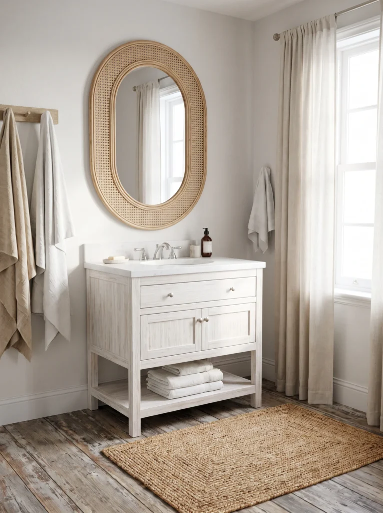 oval cane webbing mirror with wood frame on a white wall above a whitewashed vanity with marble top and jute rug