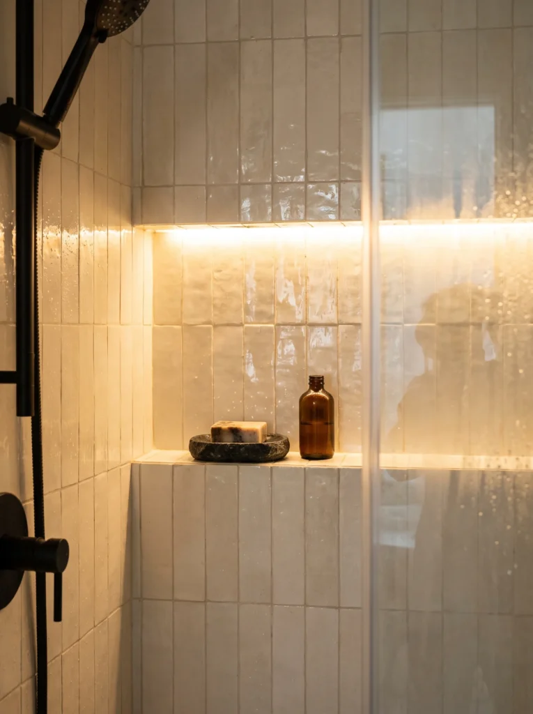 white stacked tile shower with a recessed niche lit by a warm LED strip, black shower fixtures and an amber bottle