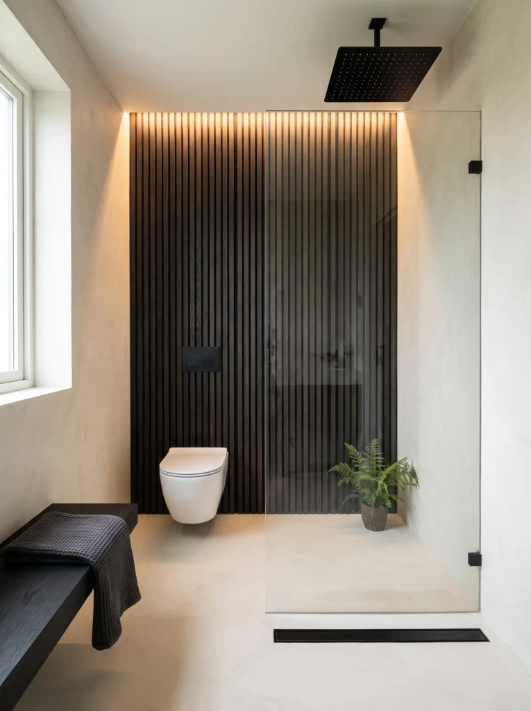 white microcement wet room with backlit black wood slat wall, wall hung toilet and black rain shower head