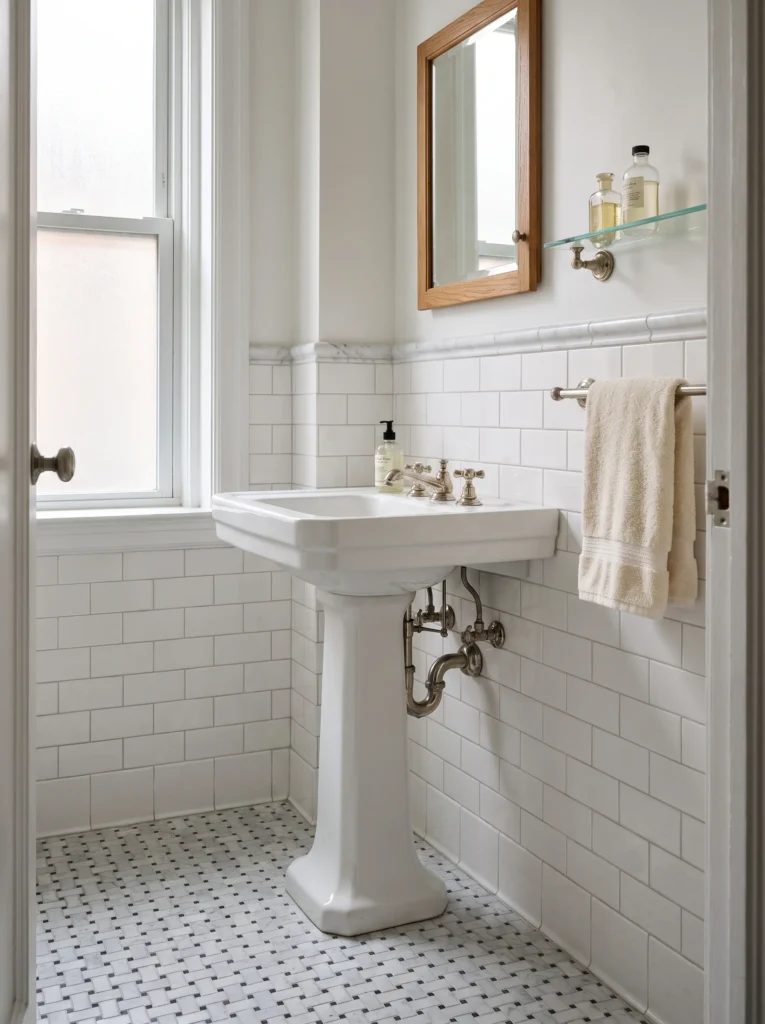 Classic white bathroom with subway tile wainscot, marble chair rail, pedestal sink, oak medicine cabinet and basketweave marble floor