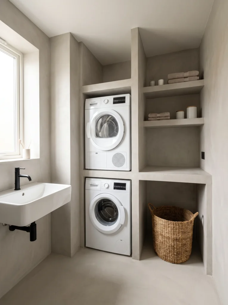 grey microcement bathroom with built in niches for stacked washer and dryer, plaster shelves and seagrass basket