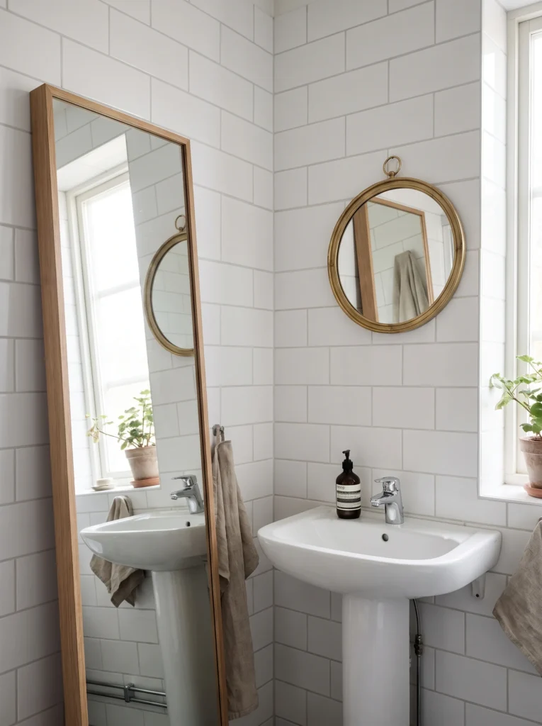 tall oak framed floor mirror leaning against white subway tile beside a small round brass mirror over a pedestal sink