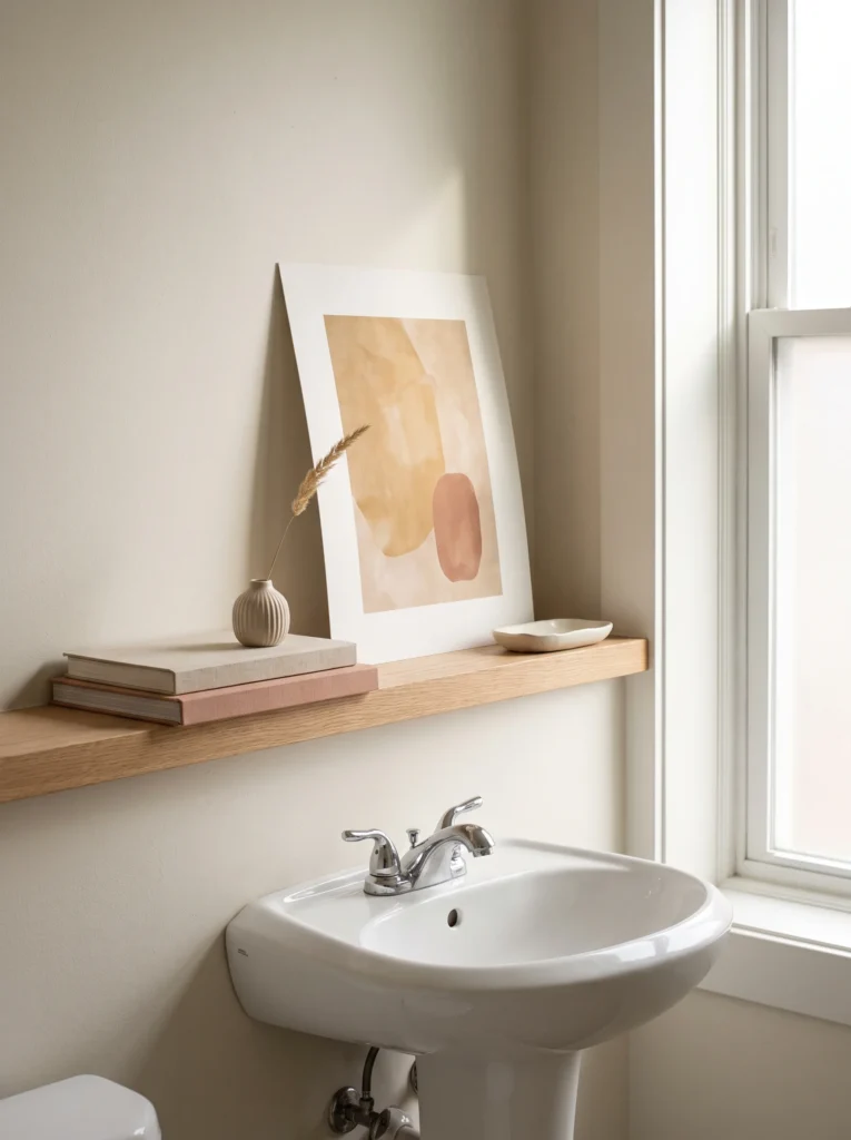 Oak ledge above a pedestal sink with an unframed peach and terracotta abstract print leaning on the wall, two stacked linen books, a ribbed bud vase with a dried grass stem, and a white dish