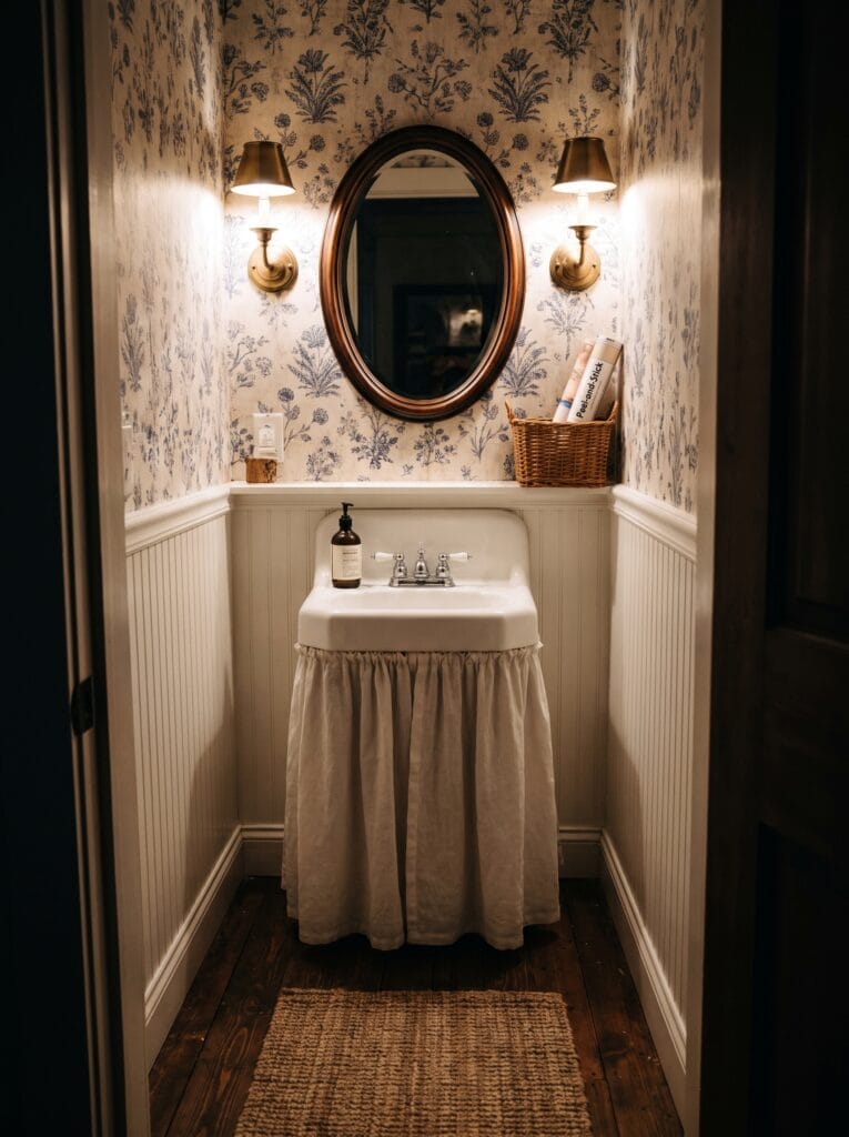 Narrow powder room with blue and cream floral toile wallpaper above white beadboard wainscoting, oval wood mirror, brass sconces, wall mounted sink with a linen skirt and jute rug