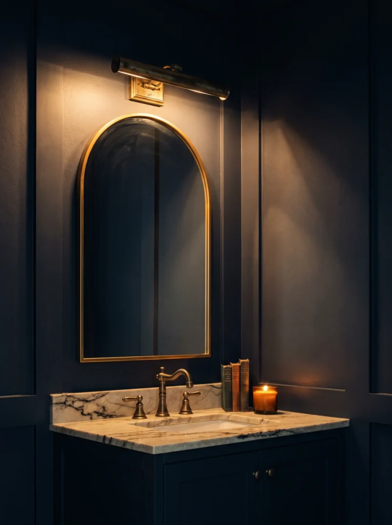 dark navy panelled powder room with a brass picture light above an arched brass mirror and marble vanity