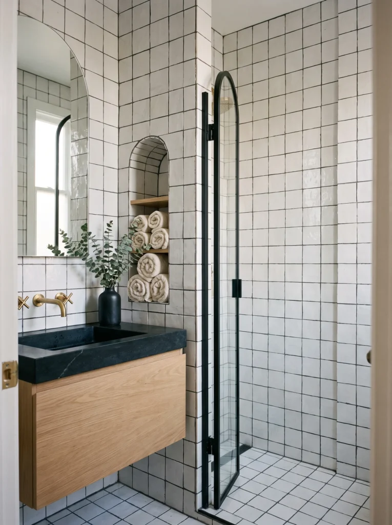 white square zellige tile with dark grout, black soapstone trough sink on oak vanity and arched black shower door