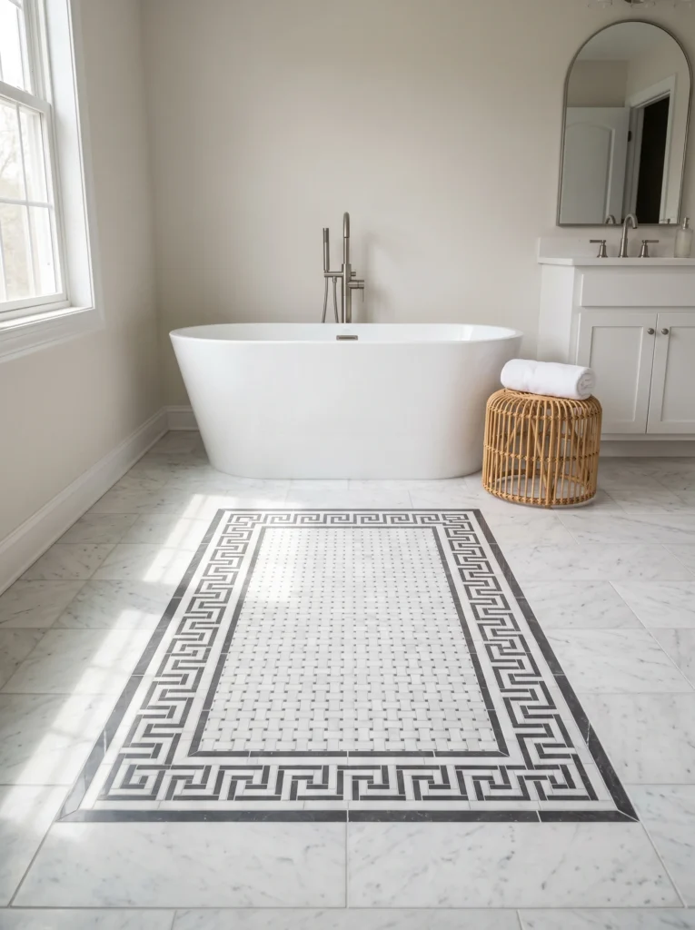 Marble bathroom floor with a Greek key mosaic border inlay framing basketweave tile, freestanding tub and rattan stool