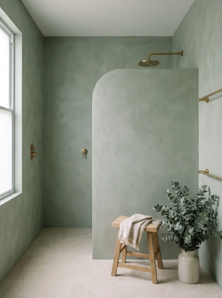 sage green microcement wet room with curved arch shower wall, brass rail bars and eucalyptus in a vase