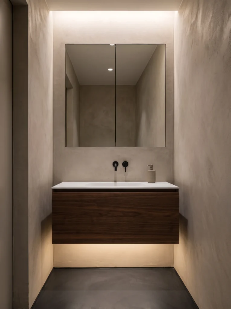 minimal powder room with flush recessed mirrored cabinet, floating walnut vanity and hidden LED lighting