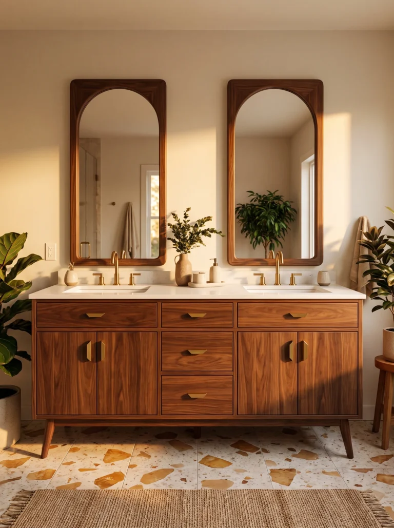 two tall arched walnut framed mirrors above a mid century walnut double vanity with brass faucets and terrazzo floor