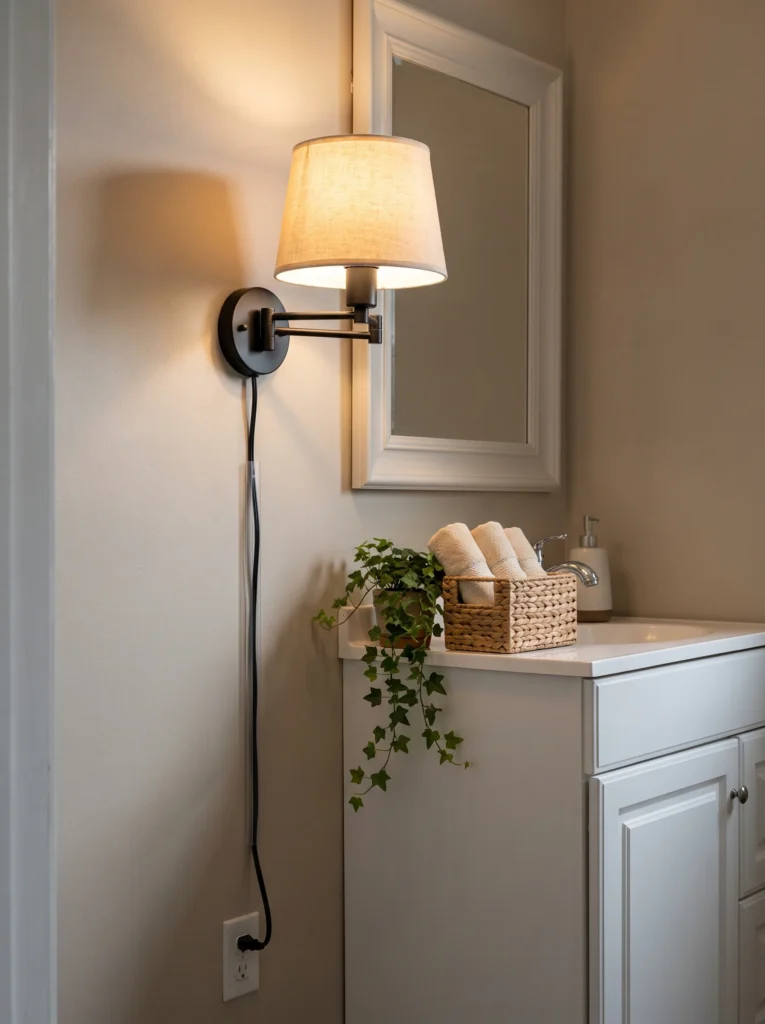 plug in swing arm wall sconce with linen shade beside a white framed mirror in a beige bathroom with white vanity