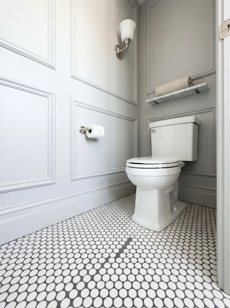 Pale grey toilet room with picture frame wall moulding, marble shelf, penny tile floor and nickel sconce