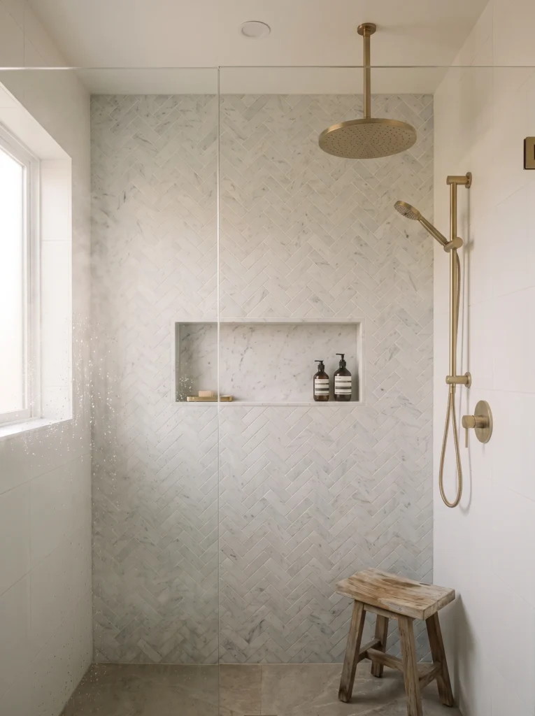 Shower with Carrara marble herringbone tile wall, brass ceiling mounted rain head, hand shower and recessed marble niche