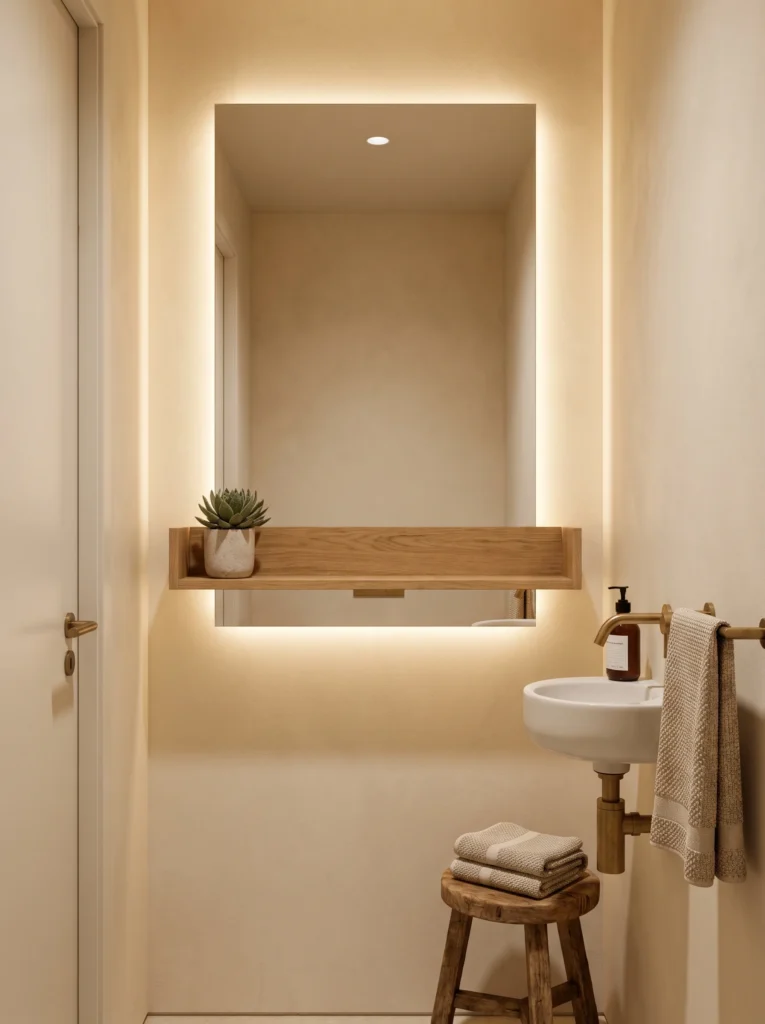 rectangular backlit mirror with a slim oak shelf mounted across the glass in a warm plaster powder room