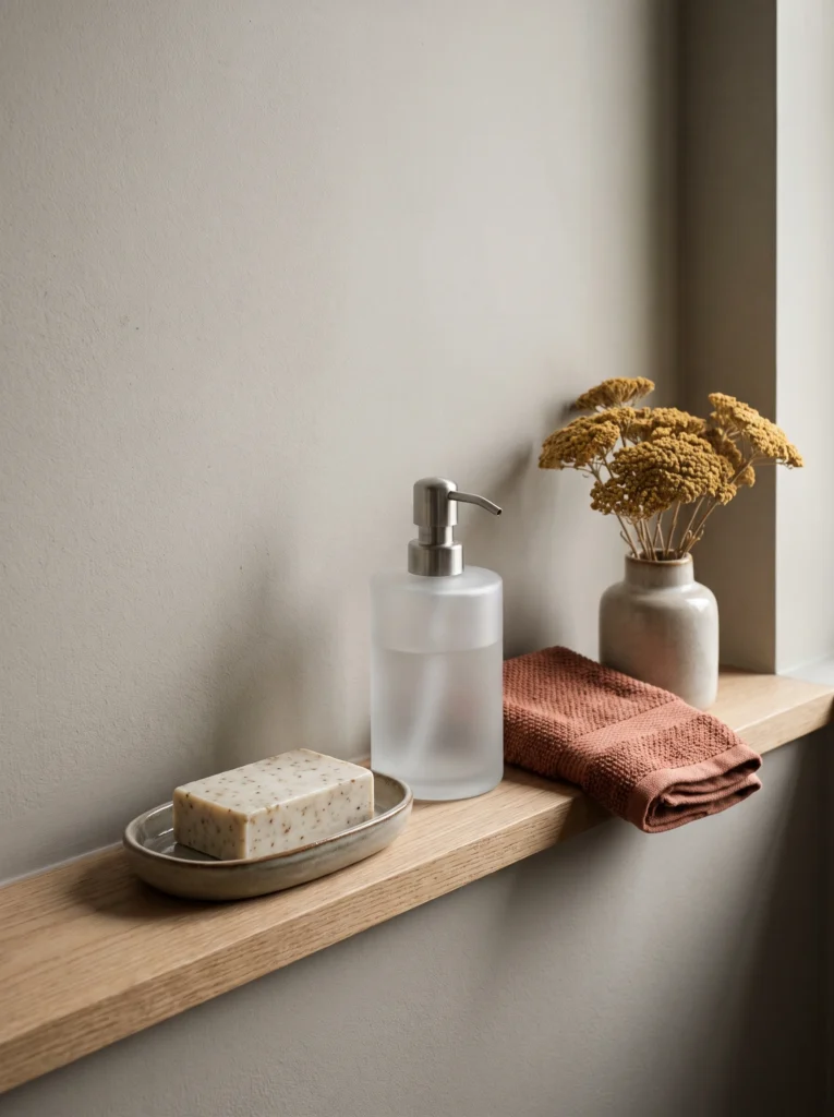 Long oak ledge on a greige wall holding a speckled stoneware soap dish with oatmeal soap, a frosted glass dispenser, a folded rust towel, and mustard dried yarrow in a stone vase