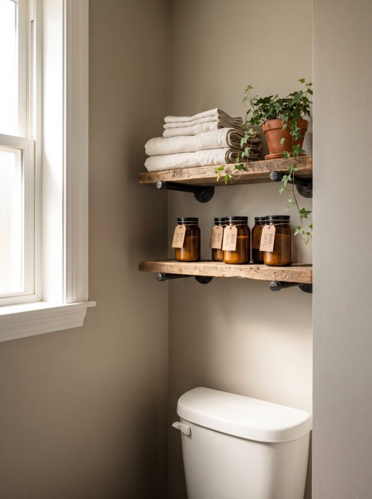 Two reclaimed wood shelves on black iron pipe brackets above a toilet holding folded linen towels, a potted ivy and amber glass jars labeled bath salts with kraft tags