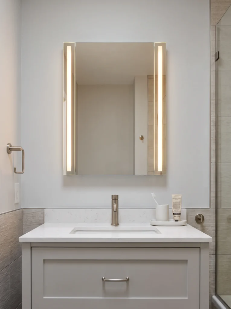 lighted medicine cabinet with vertical LED light bars on both sides of the mirror above a greige vanity with quartz counter