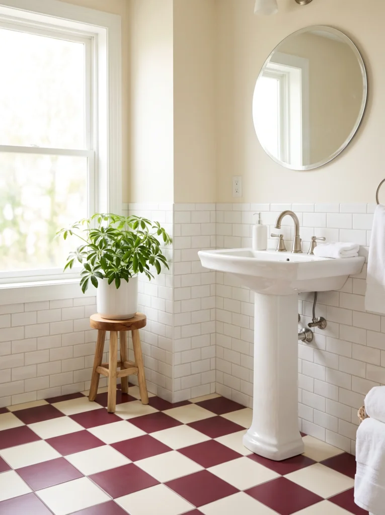 cream bathroom with burgundy and cream checkerboard floor tile, white subway tile wainscot, pedestal sink, and round mirror
