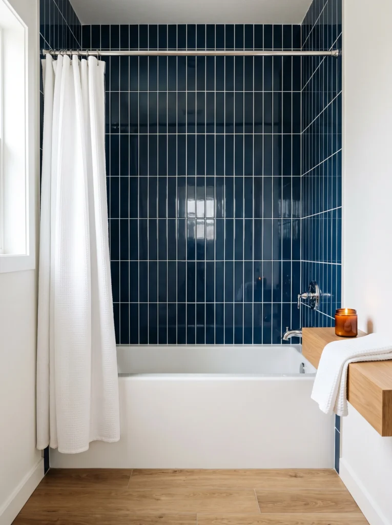 glossy navy vertical stacked tile tub surround with white alcove tub, chrome fixtures and white waffle shower curtain