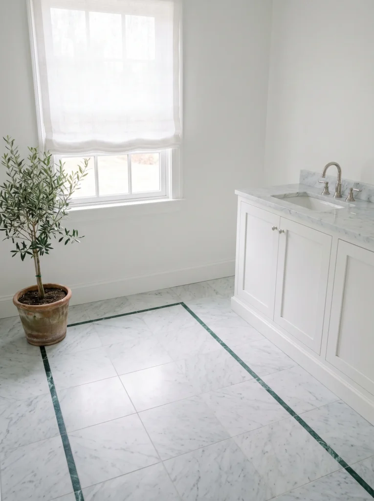 White marble floor tiles with a green marble inlay border, white shaker vanity, marble counter and potted olive tree