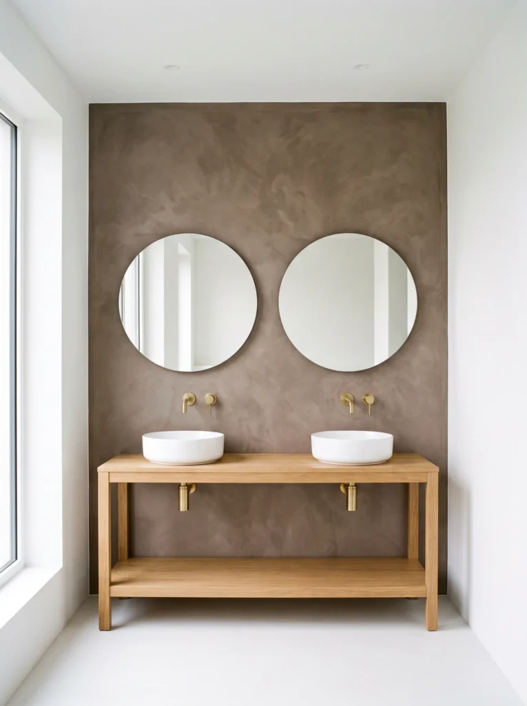 mocha brown microcement feature wall with twin round mirrors, oak console vanity and brass wall taps