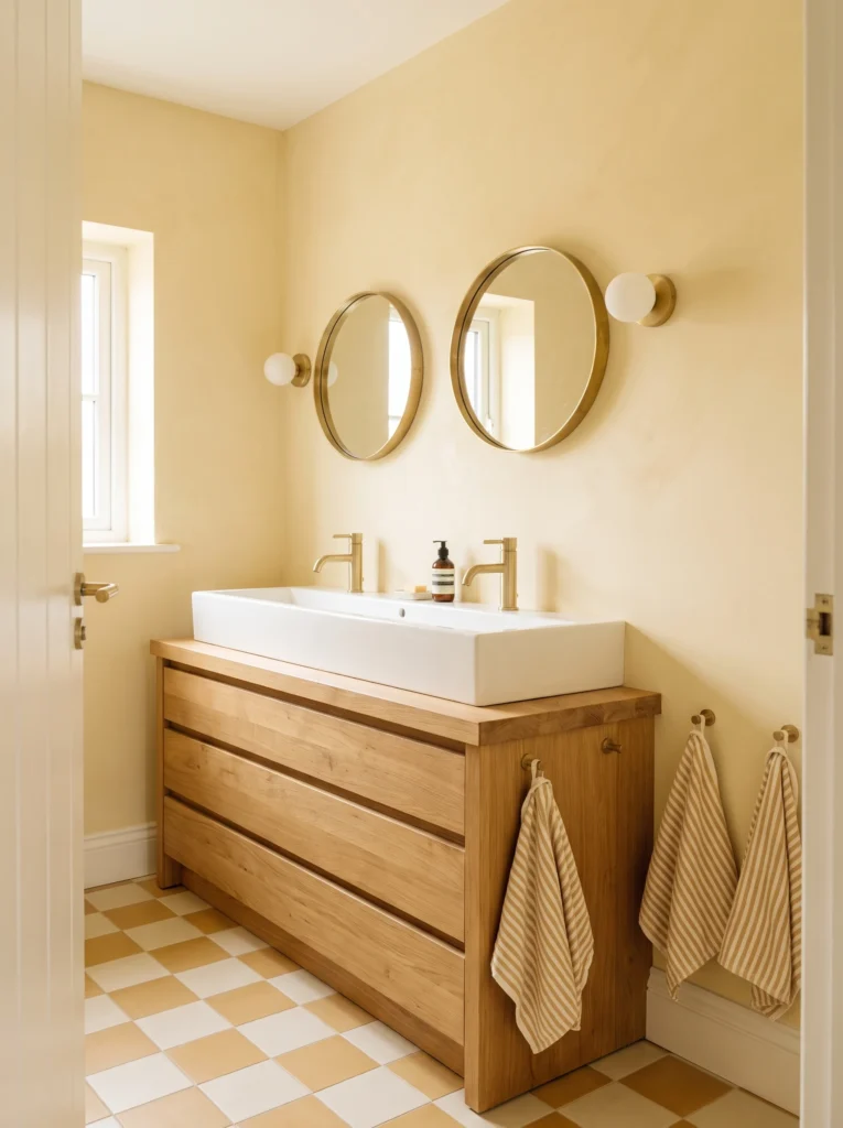 Butter yellow upstairs kids bathroom with a long white trough basin on an oak vanity, two round brass mirrors, globe sconces and a checkerboard tile floor