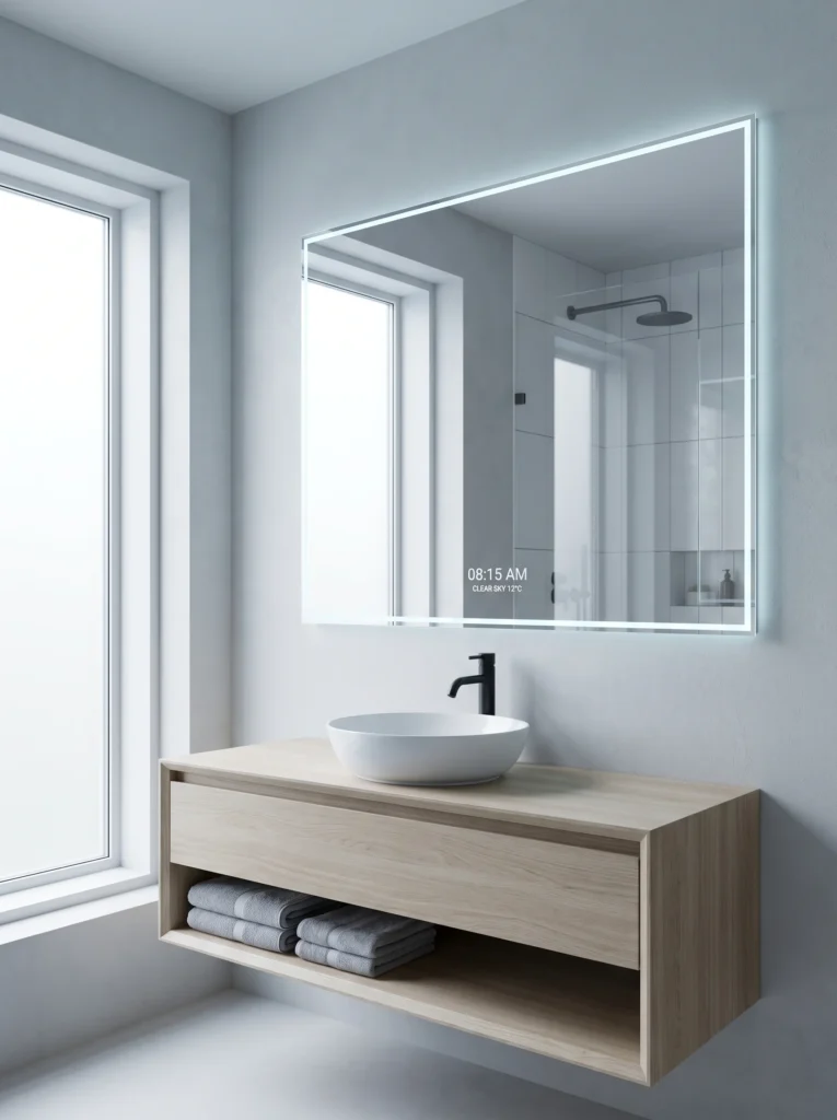 large smart mirror with edge lighting showing time and weather above a light oak floating vanity with white vessel sink