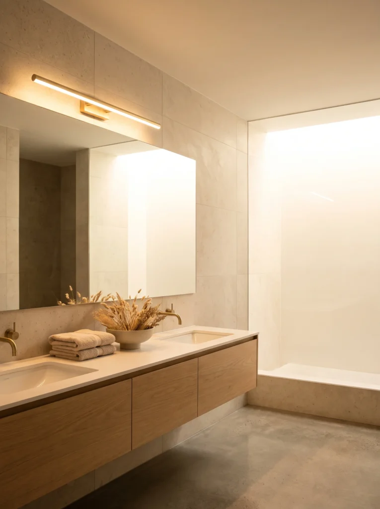 large beige spa bathroom with a long LED bar light over a wide mirror, oak double vanity and a glowing backlit shower panel